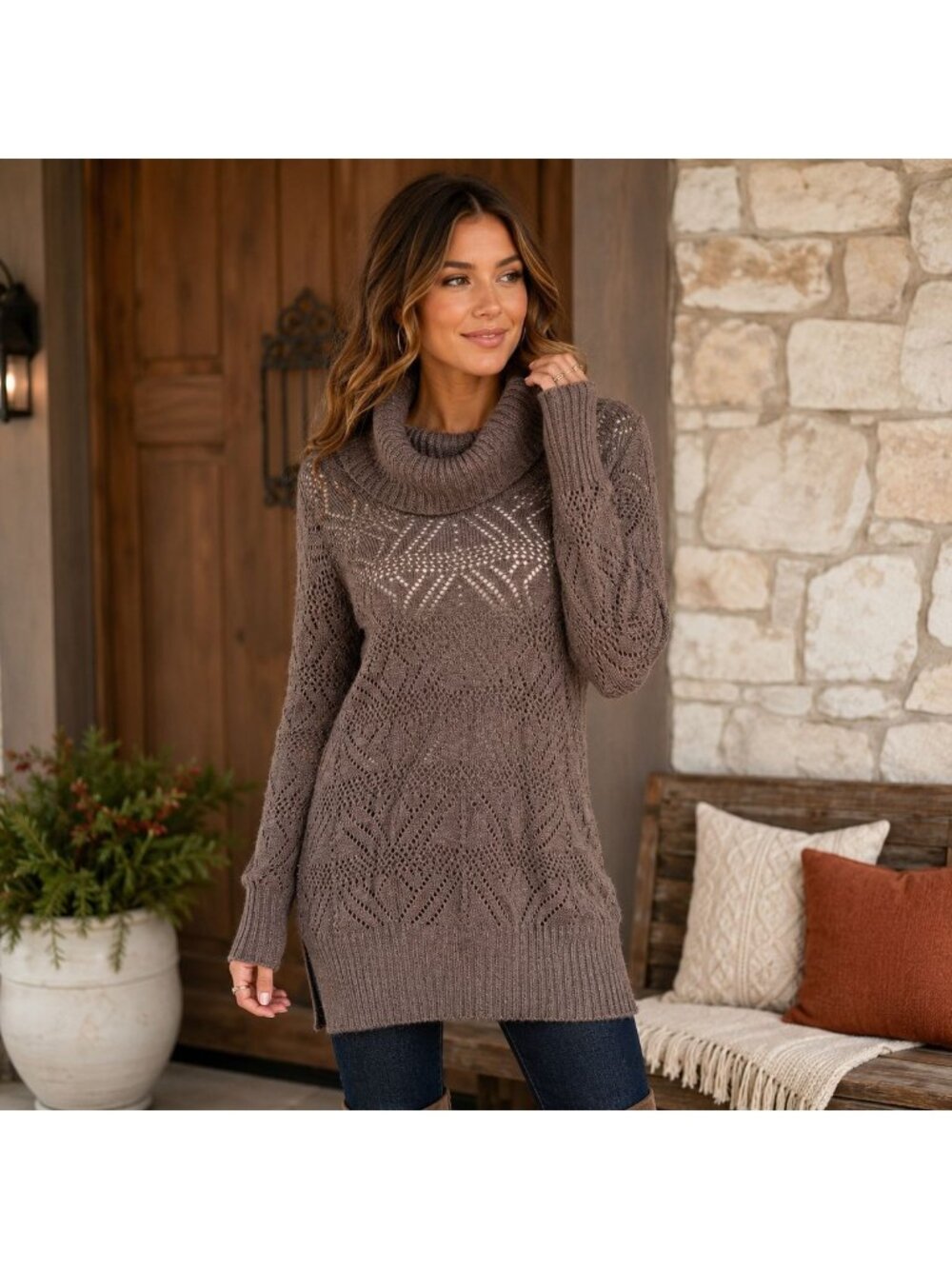 Maurices Sweater Womens L Taupe Brown Cowl Neck Pointelle Open Knit Boho